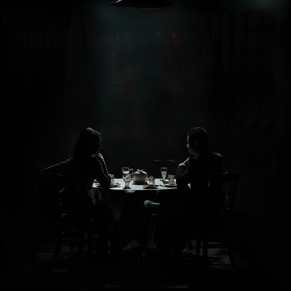 Guests seated at a table in a dark dining room